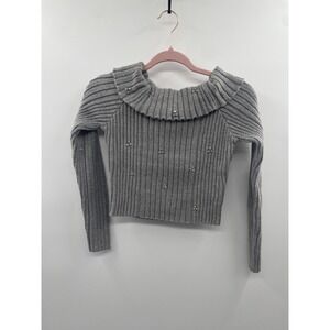 Lush Sweater Womens Small Gray Knit Ribbed Rhinestone Off The Shoulder Crop NWOT